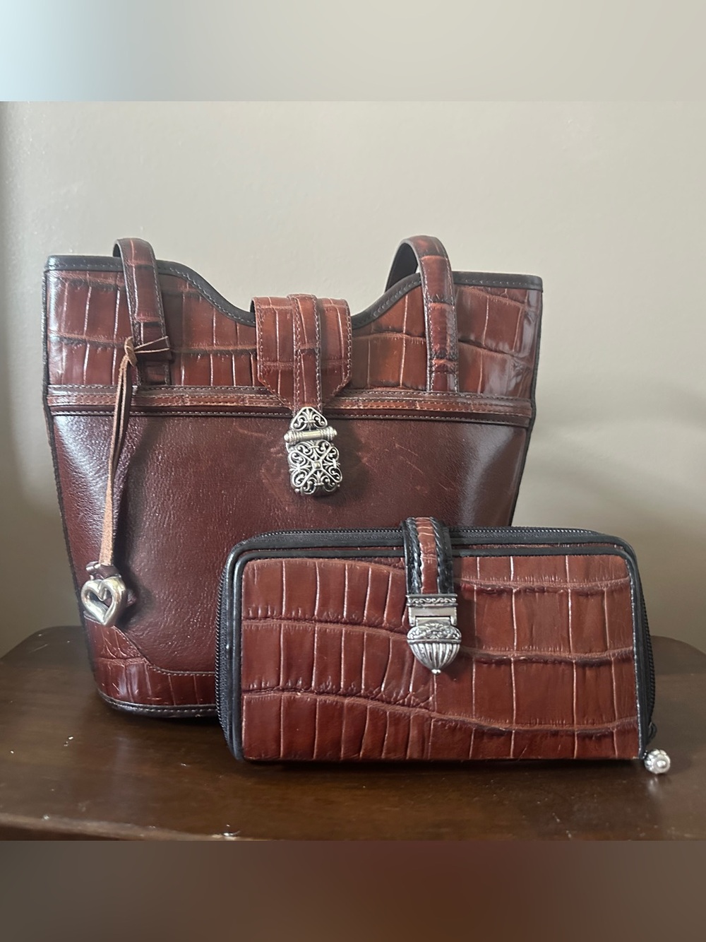 Brighton Brown Croc-Embossed Leather Shoulder Tote with Matching Wallet